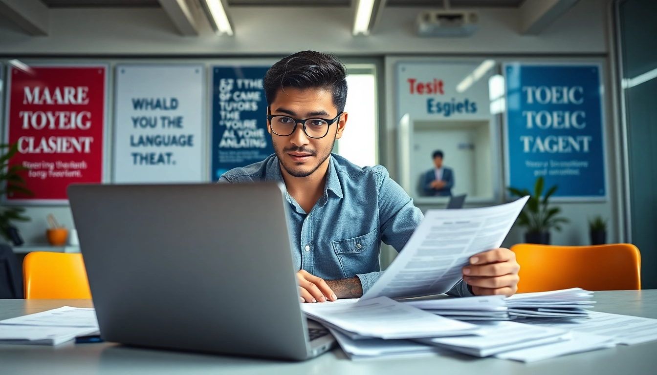 Focused TOEIC test takers for hire studying diligently in a modern office.
