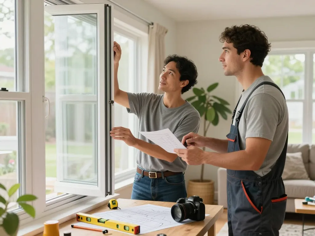 Homeowner discussing window & screen replacement Manchester NH with a contractor in a bright living room.