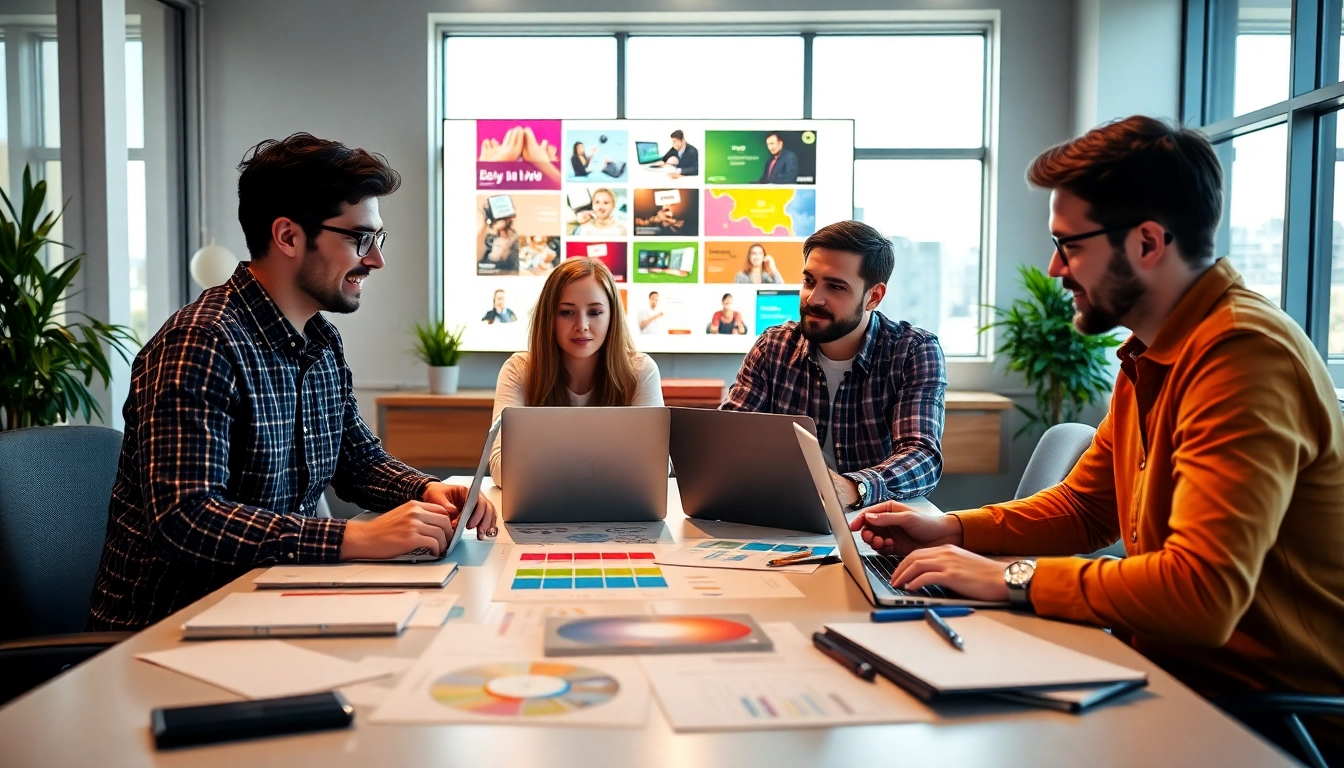 Website Designers Hereford collaborating in a bright, modern office with design projects.