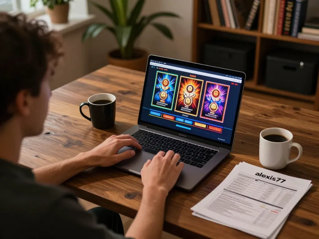 Engaging moment of player using alexis77 online casino platform from a cozy home setup