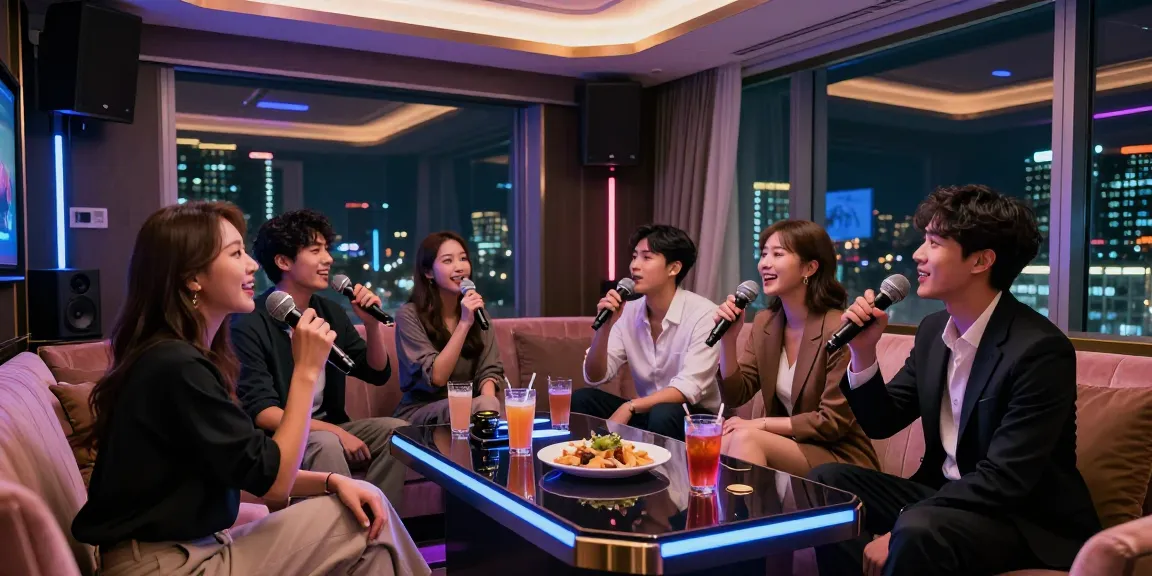 강남쩜오의 고급스럽고 프라이빗한 노래방 공간에서 젊은 전문가들이 즐겁게 노래하는 모습