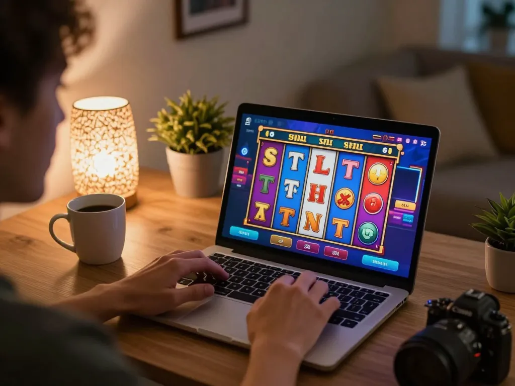 Engaging in a vibrant Gori77 slot game on a laptop, showcasing responsible gaming in a cozy home setting.