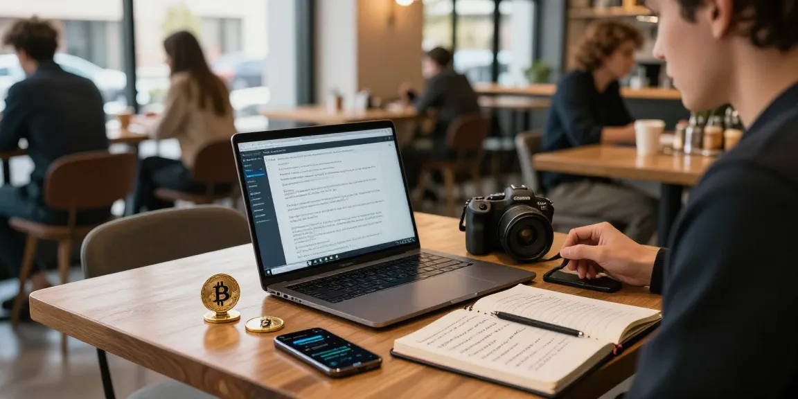 Bitcoin cloud mining strategies explored in a crypto-focused coffee shop setting with cryptocurrency assets and research materials.