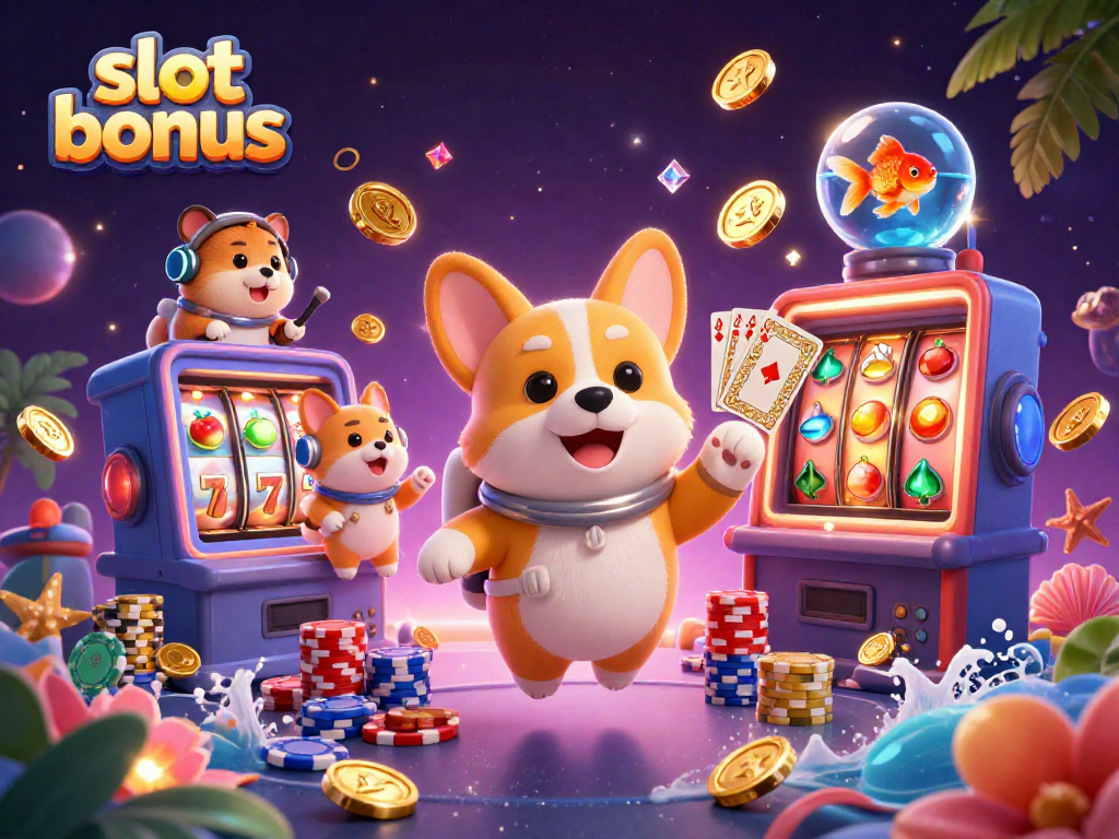 Engage with the slot bonus excitement as a cartoon corgi enjoys a space casino adventure.