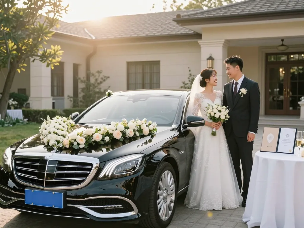 Thuê một chiếc Mercedes sang trọng để vận chuyển trong đám cưới với trang trí tinh tế và một cặp đôi mỉm cười.