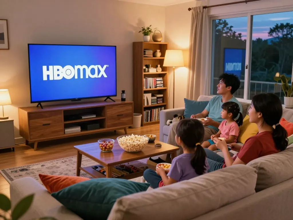 Family movie night with HBO Max Right displayed on TV, cozy living room ambiance.