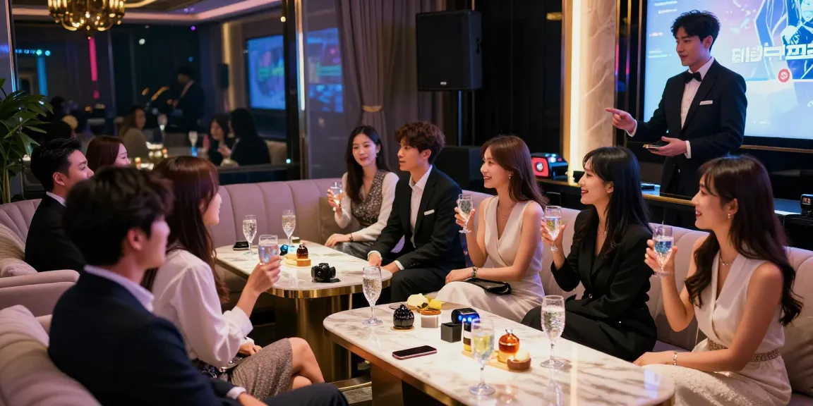 강남쩜오에서 고급스러운 분위기를 즐기는 고객과 전문 호스트의 생동감 넘치는 장면.