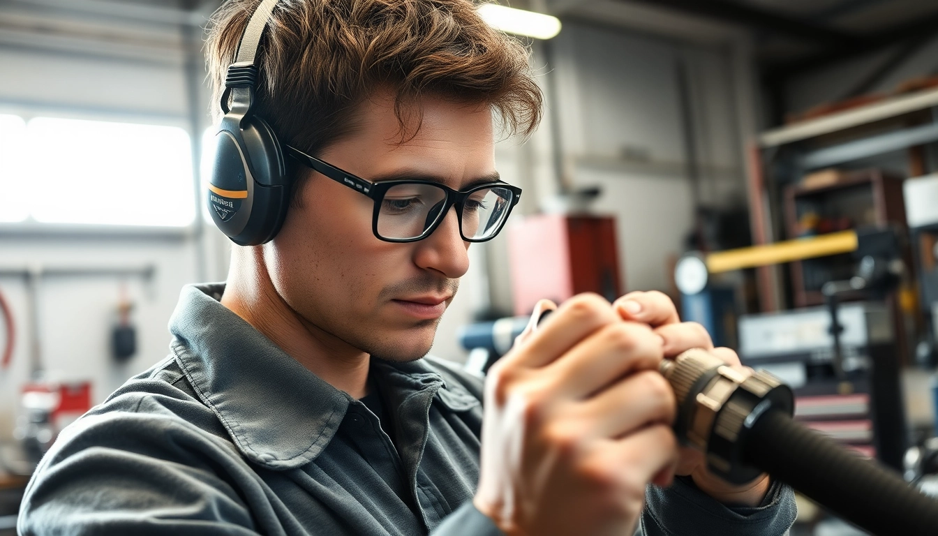 Expert hydraulic hose repair technician performing a crucial repair in a well-equipped workshop.