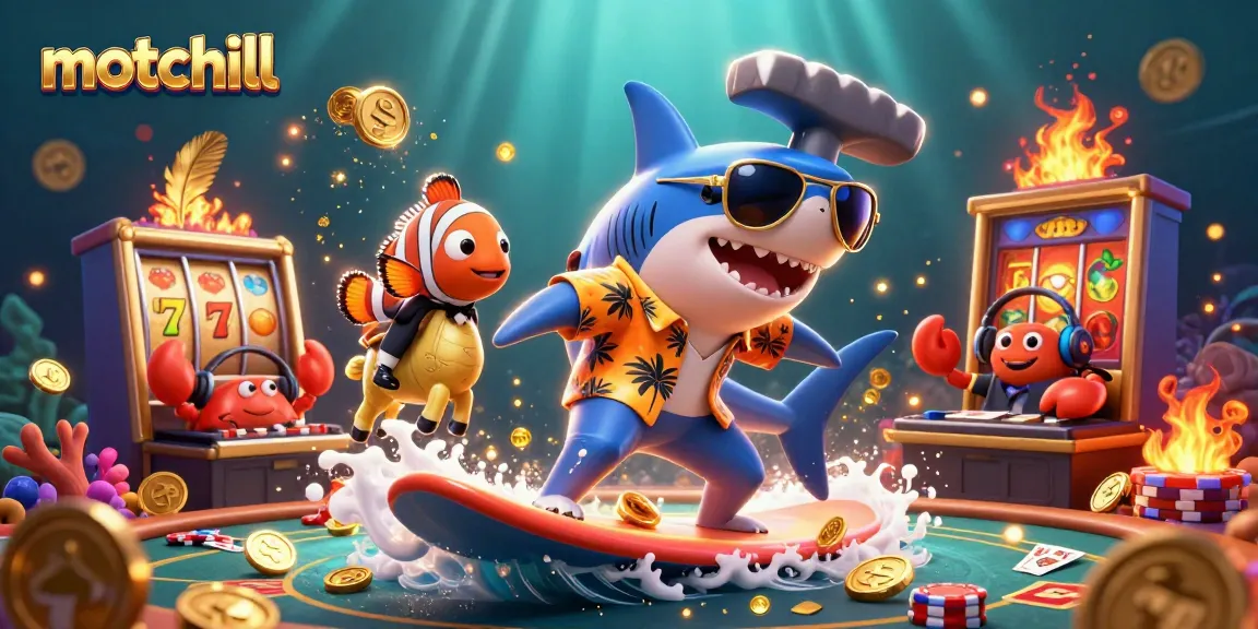 Stream and win big at motchill with a vibrant underwater casino illustration featuring an adventurous hammer-head shark.