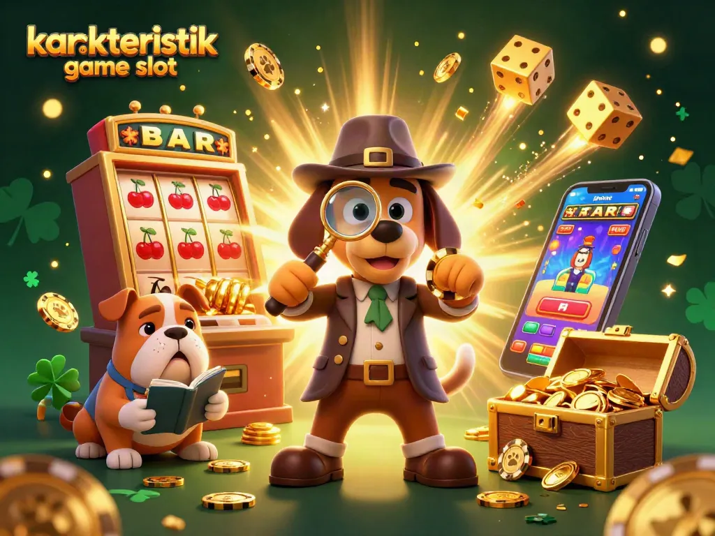 Ilustrasi 3D karakteristik game slot dengan detektif anjing memperiksa chip poker emas, di tengah mesin slot, koin bertebaran.