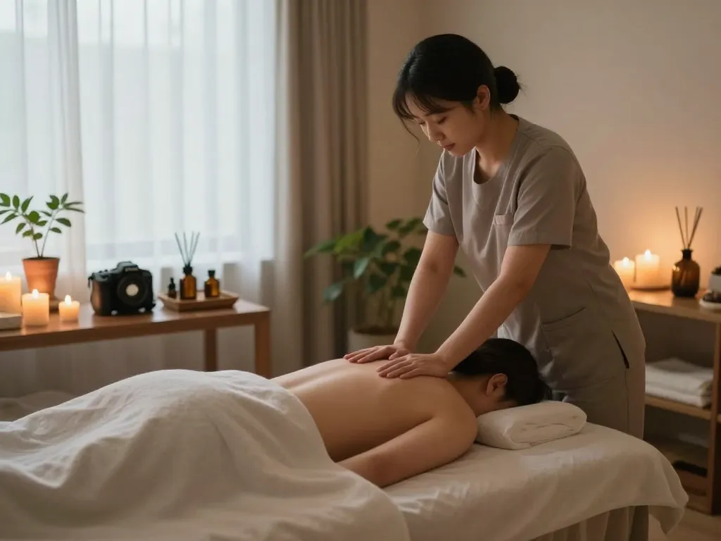 천안스웨디시 massage therapy session in a serene spa setting with candles and soft linens.