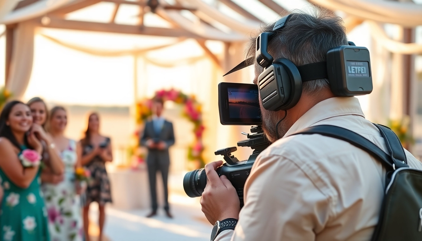 Engaged edmonton videographer capturing a lively outdoor wedding scene with joyful guests.