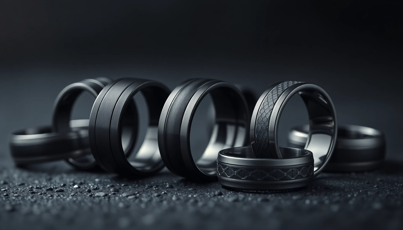 Showcasing elegant Black Wedding Rings for Men with varying textures and styles.