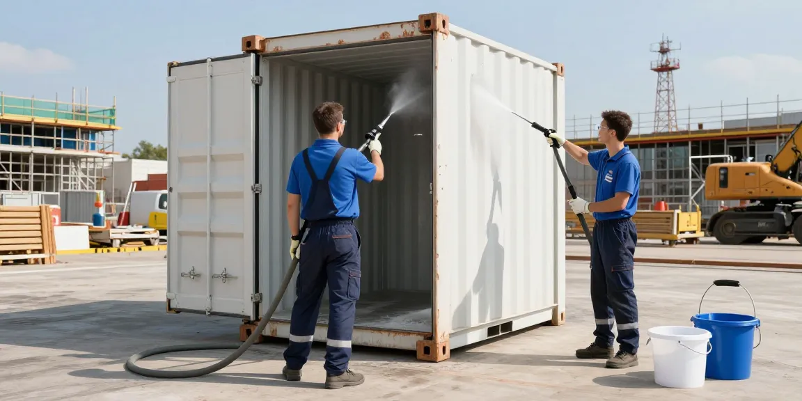 Die Containerreinigung Firma Dortmund reinigt einen Baustellencontainer gründlich und hygienisch.