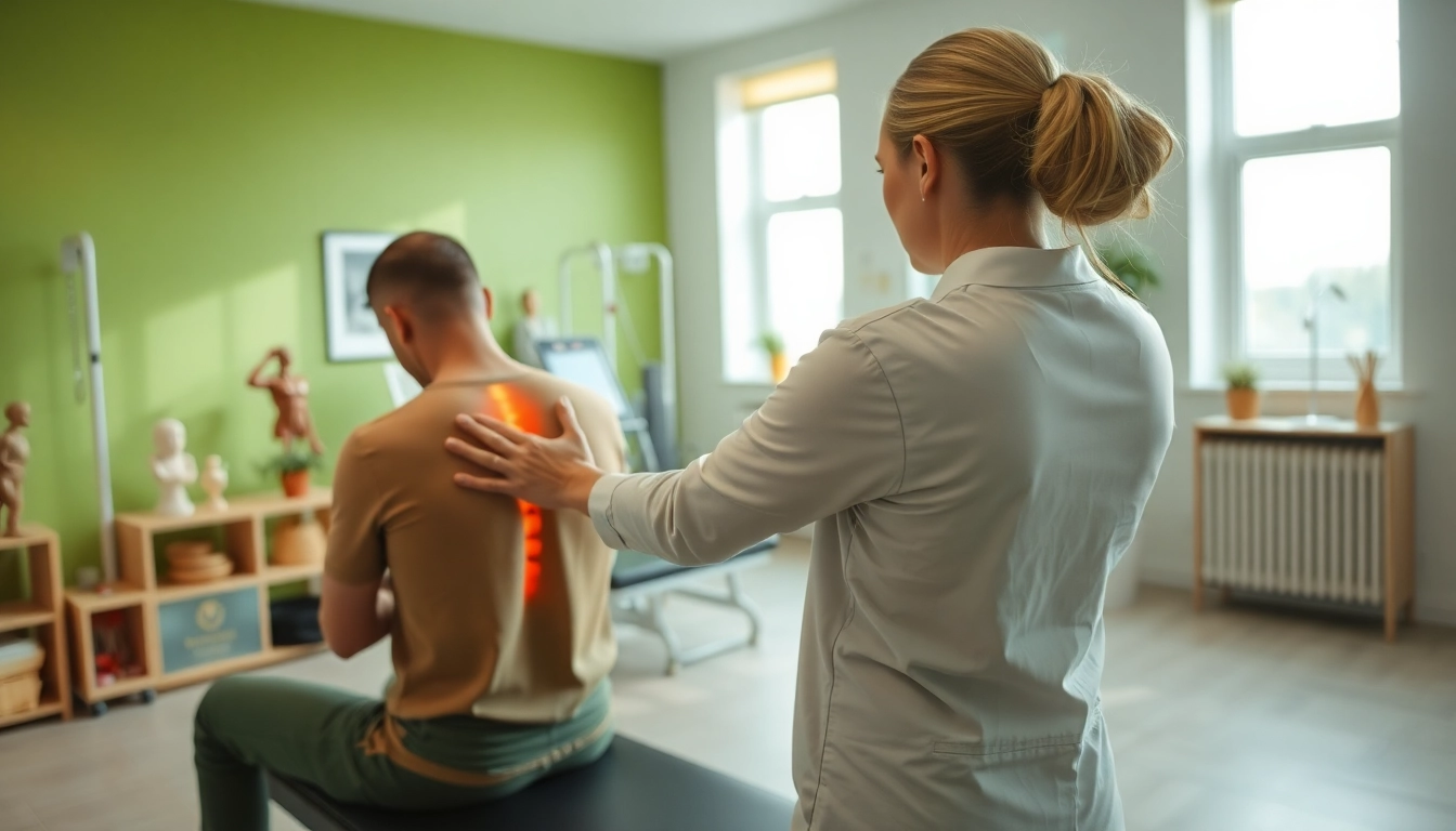Engaging back pain treatment session with a physical therapist aiding a patient.