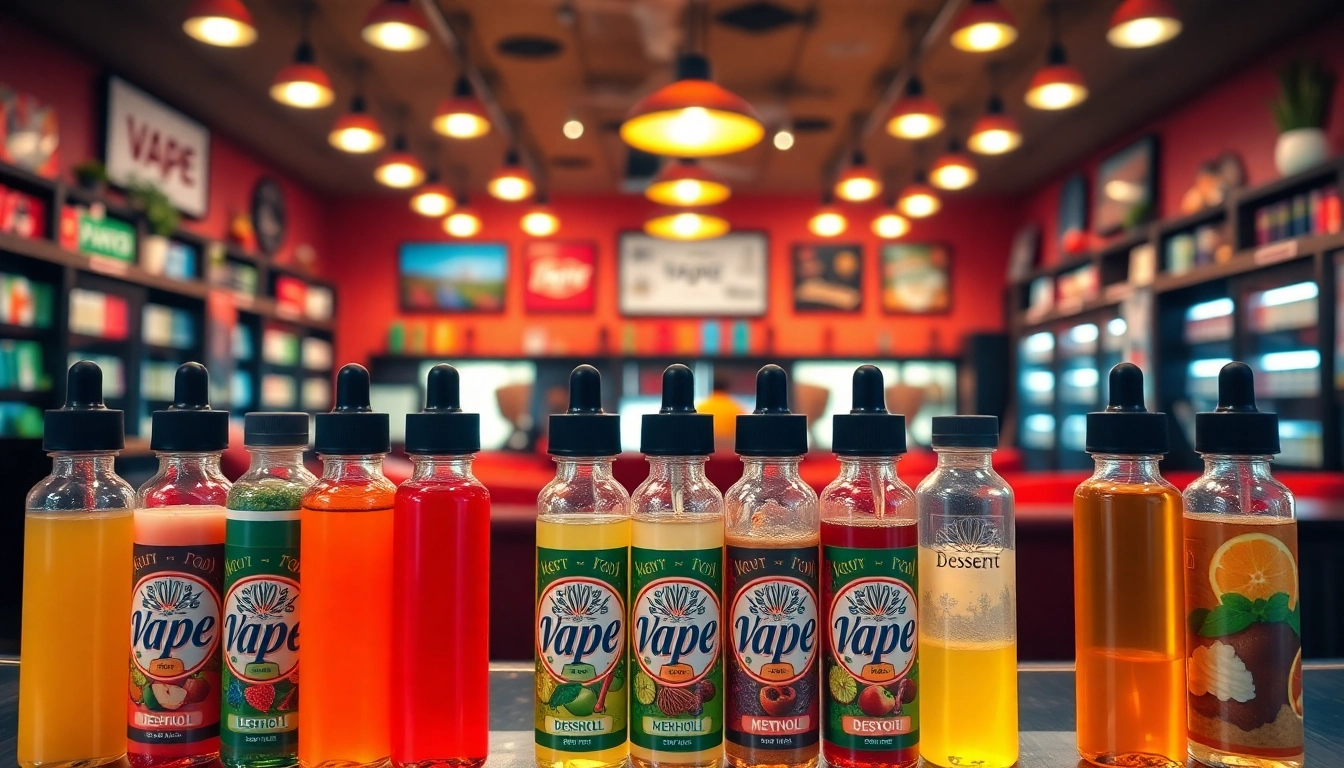 Vibrant vape juice bottles on display in a cozy vape shop environment.
