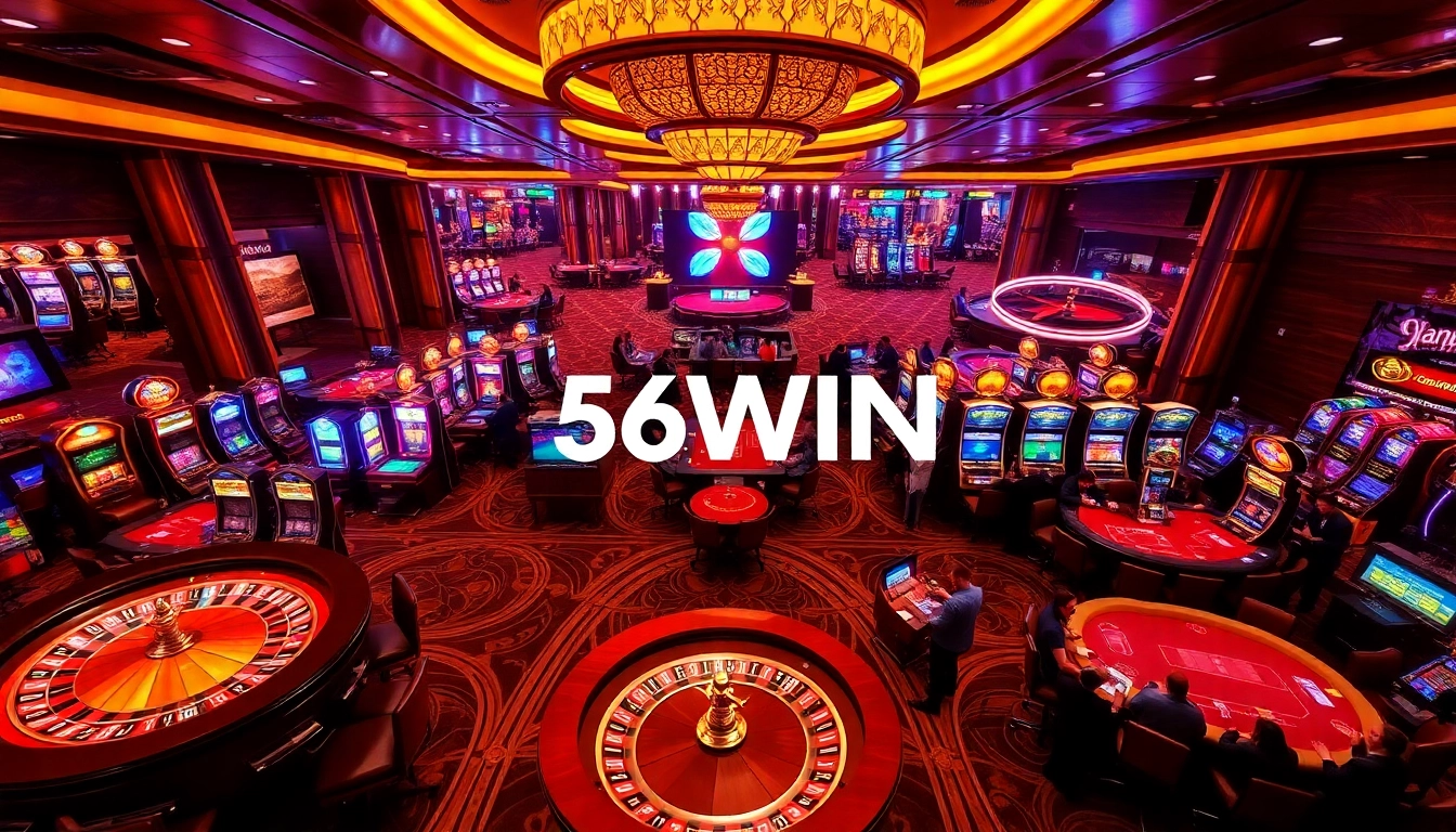 Excited gamblers enjoying the vibrant atmosphere of 56WIN casino games.
