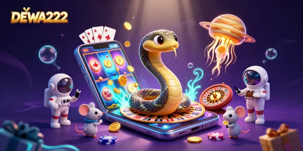 Experience the excitement of DEWA222 as mice place bets on a cosmic roulette wheel in a vibrant casino scene.