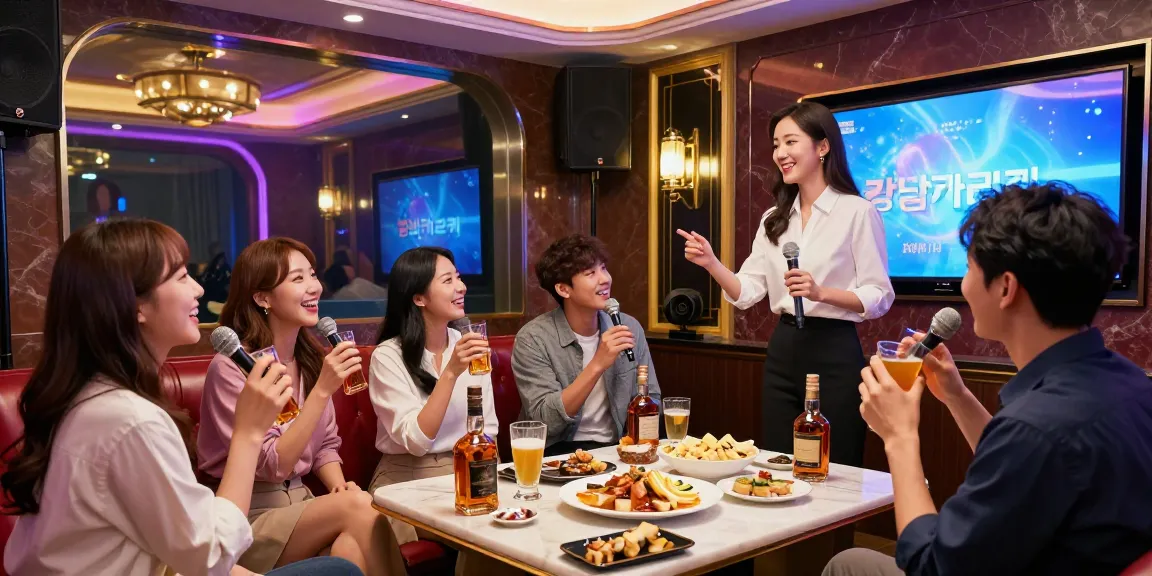 강남가라오케에서 즐거운 시간을 보내는 친구들, 고급스러운 인테리어와 아늑한 분위기 속 음료와 안주로 가득한 테이블