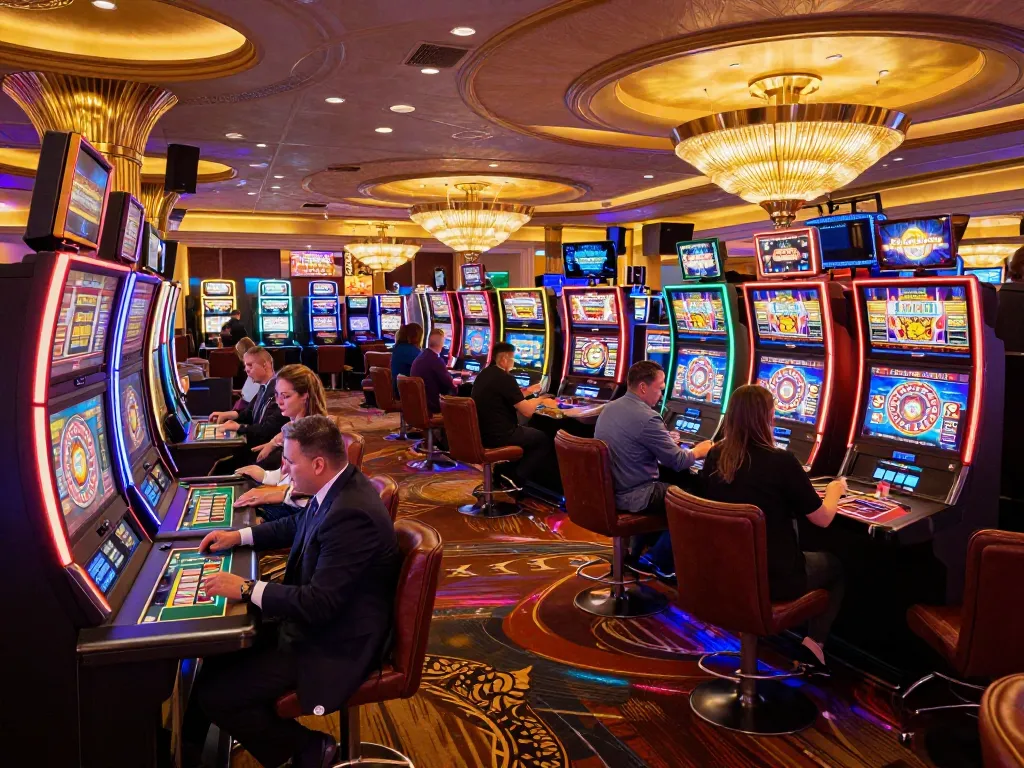 Excited players at J188's casino exploring vibrant slot machines and strategic roulette games.