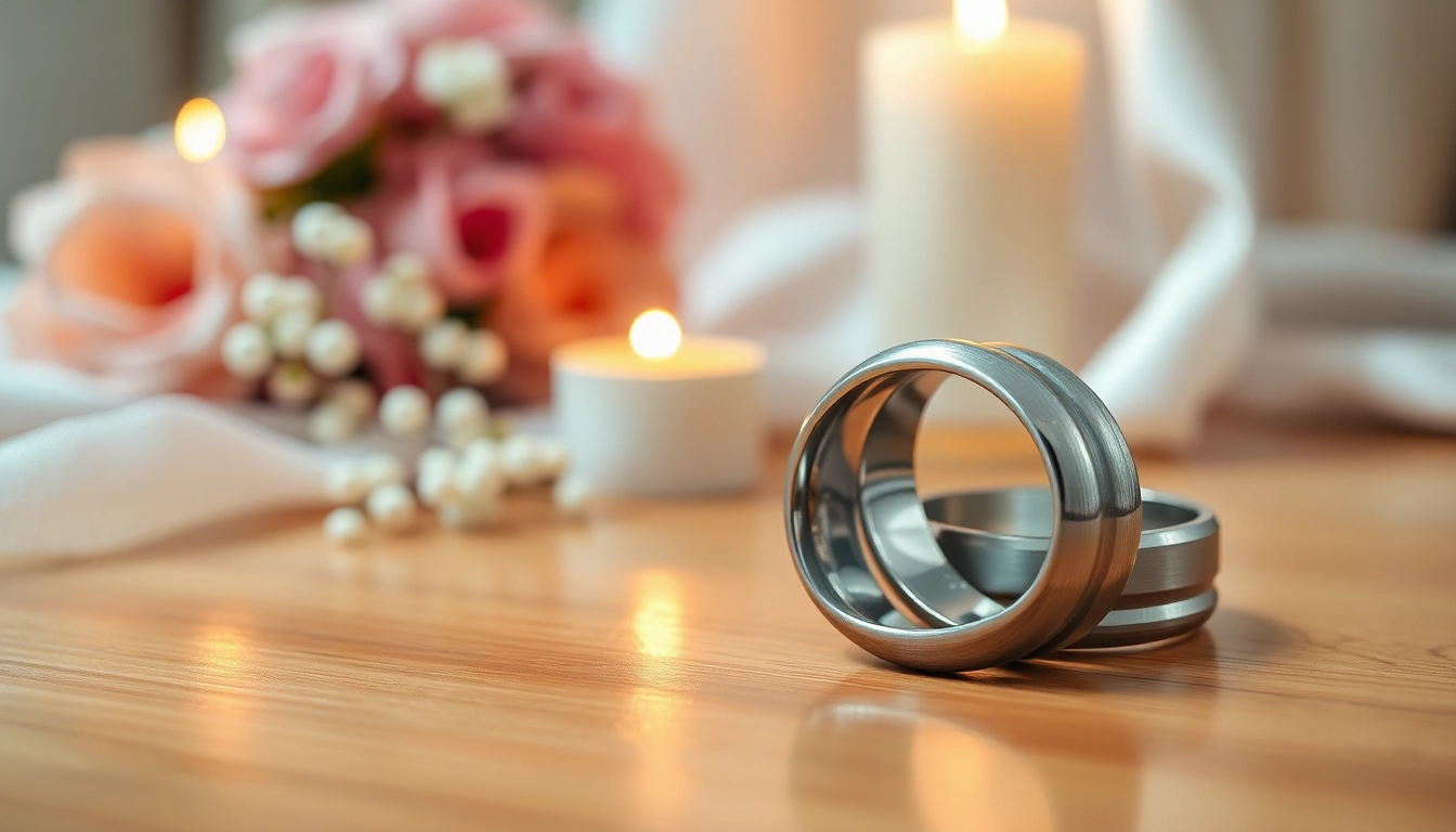 Admire these unique tungsten wedding bands featuring a sleek design, perfect for any ceremony.
