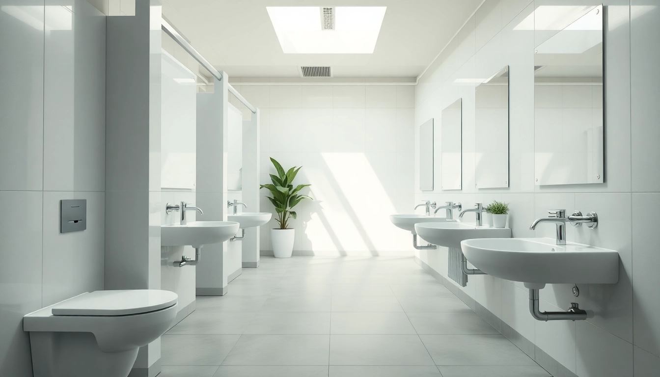 Illustration of commercial toilet refurbishment showcasing modern facilities and clean design.