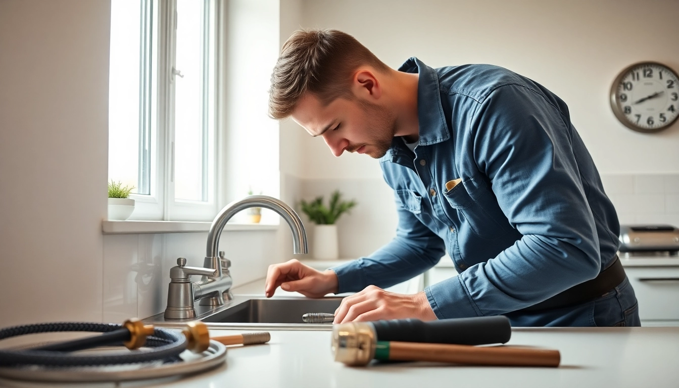 Find a reliable plumber near me fixing a sink in a bright, modern kitchen setting.