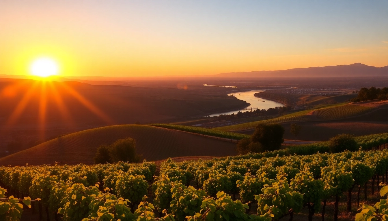 Captivating landscape of Clarksburg California showcasing vineyards and a serene river at sunset.