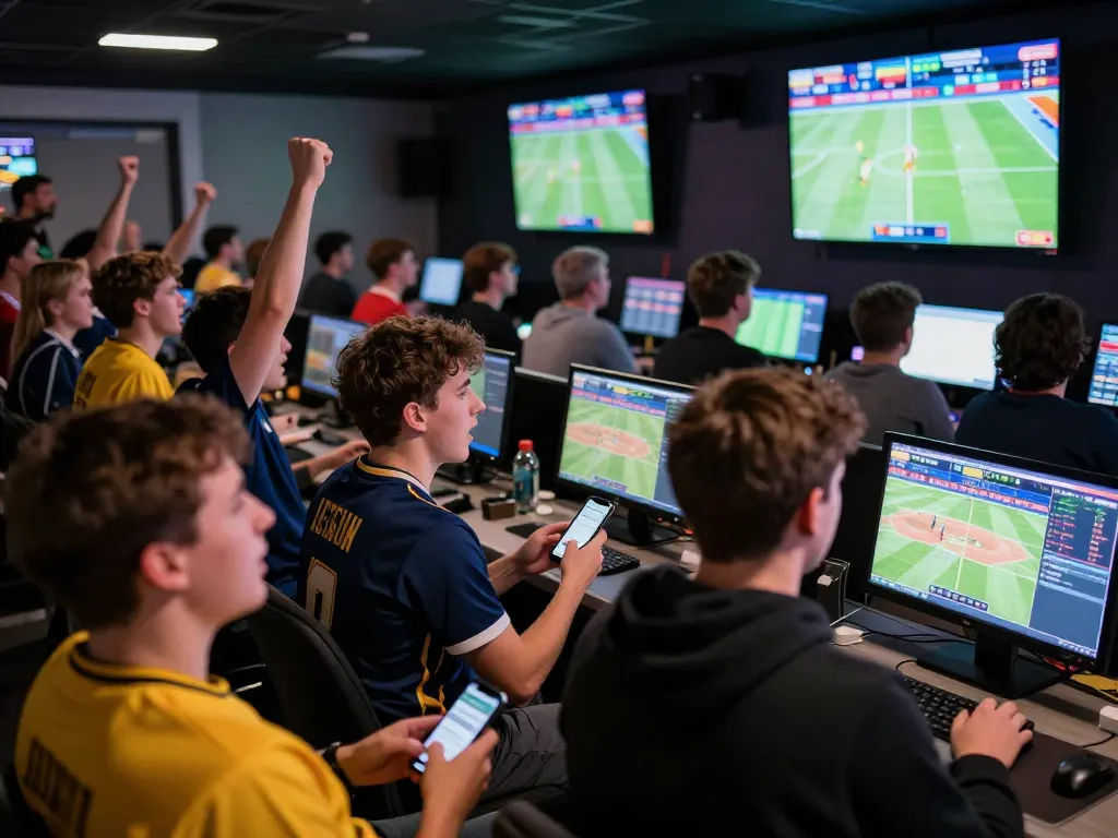 VN789 bettors analyzing sports odds and placing bets in a lively betting venue filled with fans.
