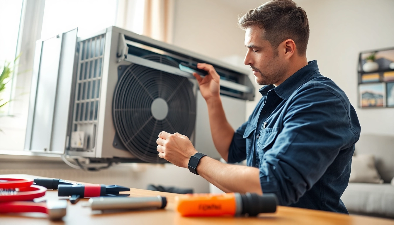 Expert performing HVAC Repair Tampa in a bright living room, showcasing professionalism and care.