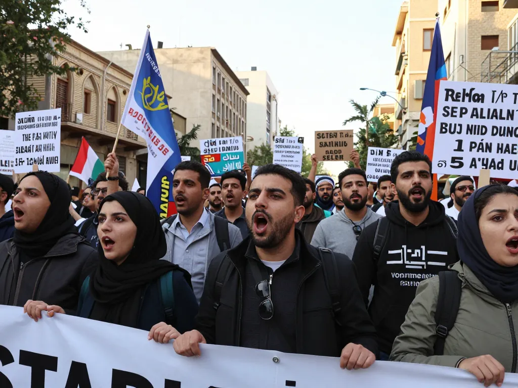 Tehran protests gathering with diverse protesters holding banners for social justice amidst urban backdrop.