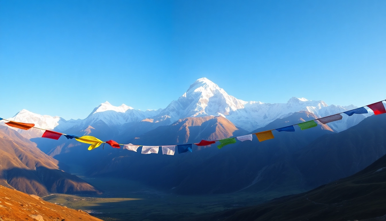Experience the stunning landscapes of Manaslu Circuit trekking, showcasing snow-capped mountains and vibrant prayer flags.