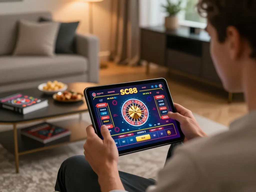 Player enjoying SC88's roulette game on a tablet while relaxing at home, showcasing engaging online gaming atmosphere.