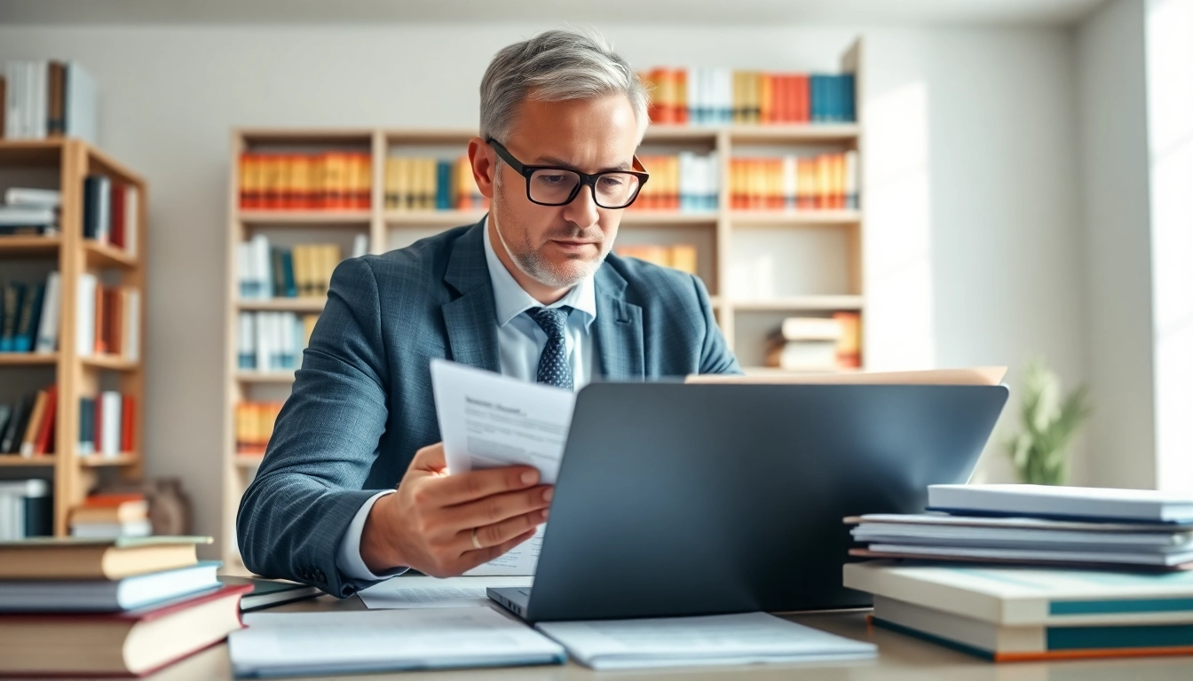 Consultant reviewing FCPA/DCAA/Flowdown/ITAR/EAR compliance materials in a professional office.