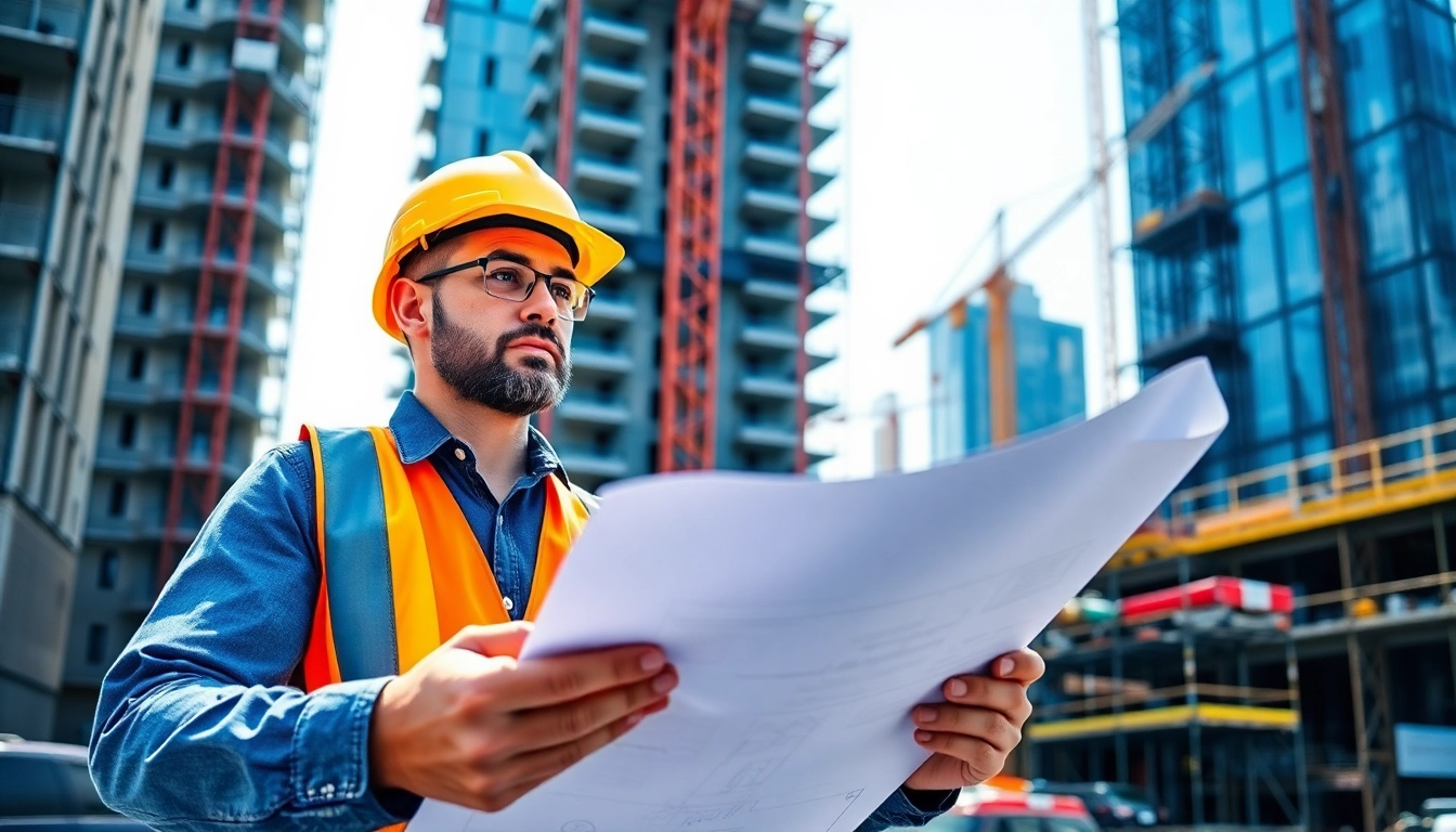 Manhattan Construction Manager guiding a project with architectural plans on a vibrant construction site.