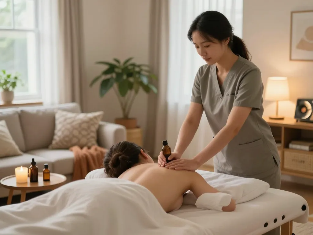 Aromatherapy massage session at home with https://www.maxim-anma.net providing a serene and relaxing atmosphere for personalized wellness.