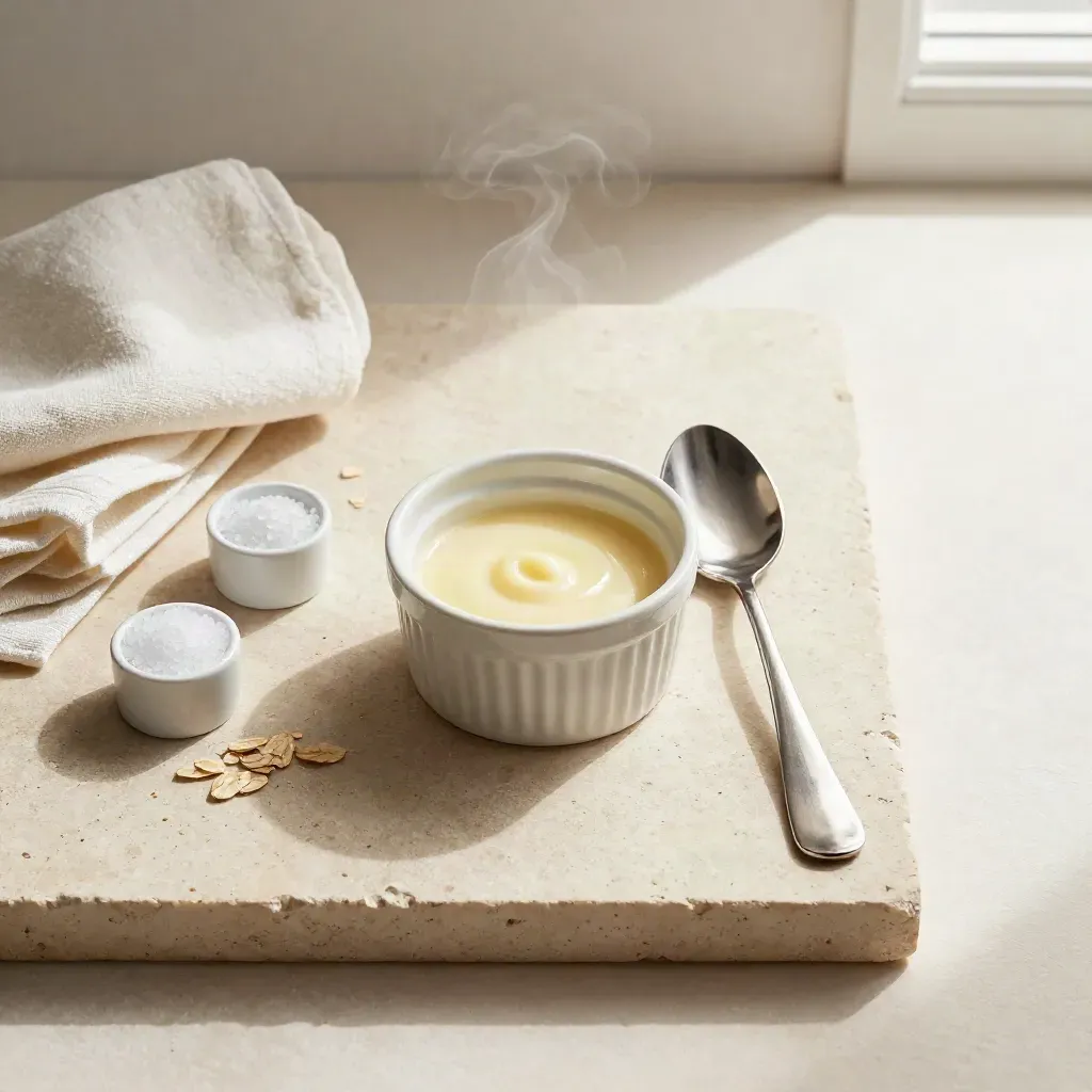 Top-down food editorial still life of a tasting spoon, ramekin, salt cellars and linen towel with steam