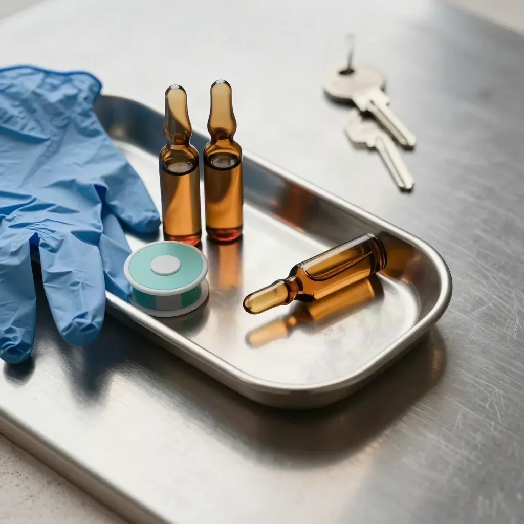 Top-down healthcare still life with pill tray, amber vials, gloves, and badge reel.
