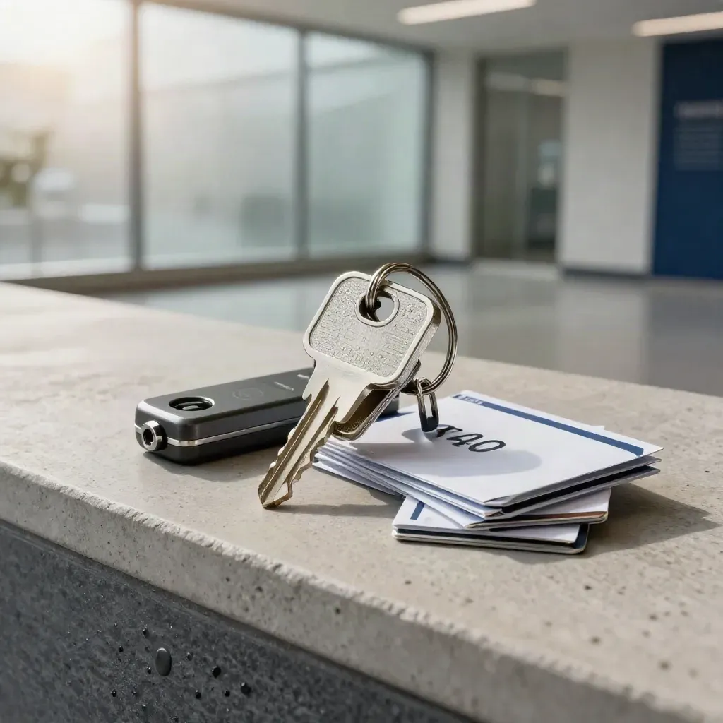 Premium access hardware still life with keys, cards, token, lock cylinder, and sealed envelopes.