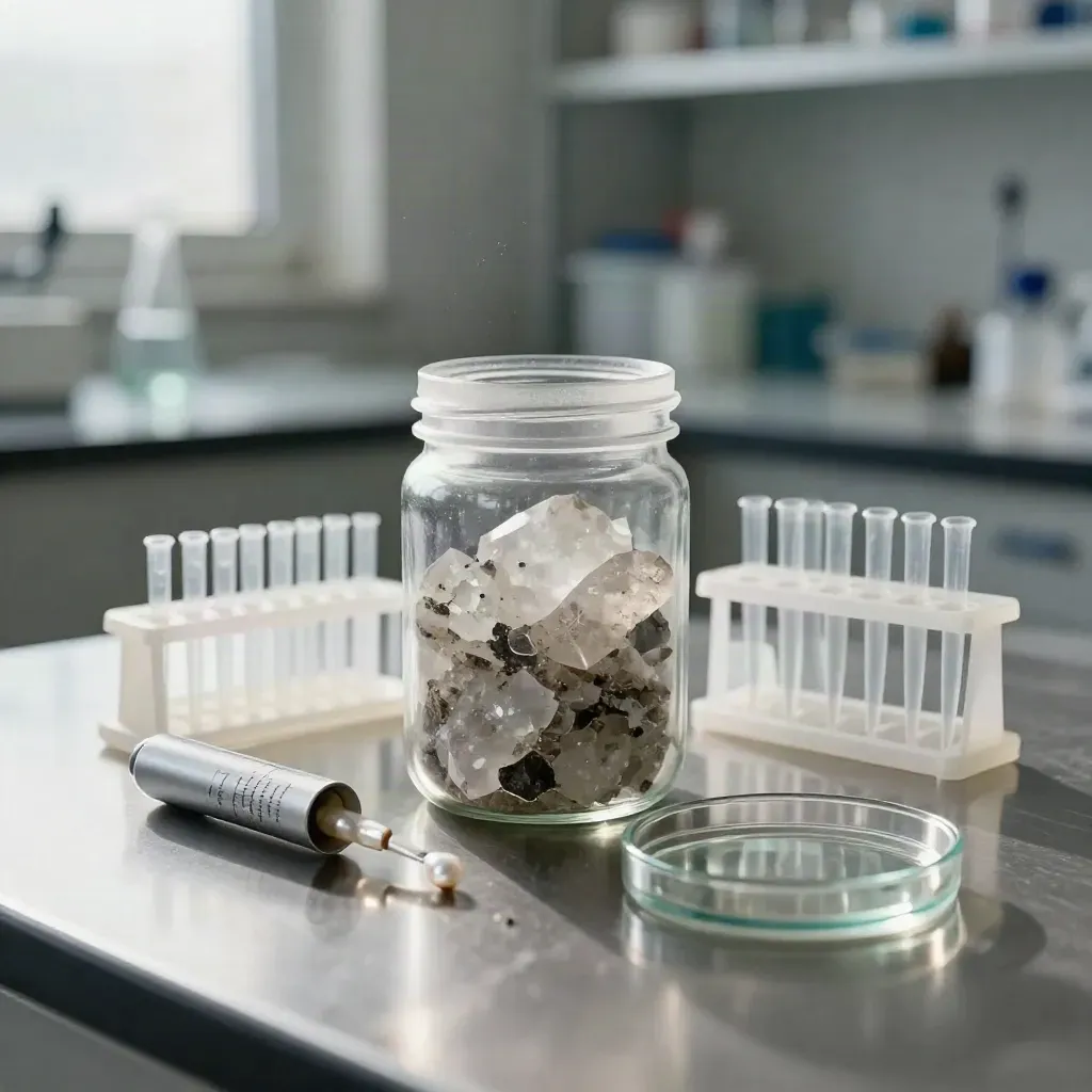 Quartz sample jar, centrifuge tube, pipette tip rack and petri lid on a steel lab bench.