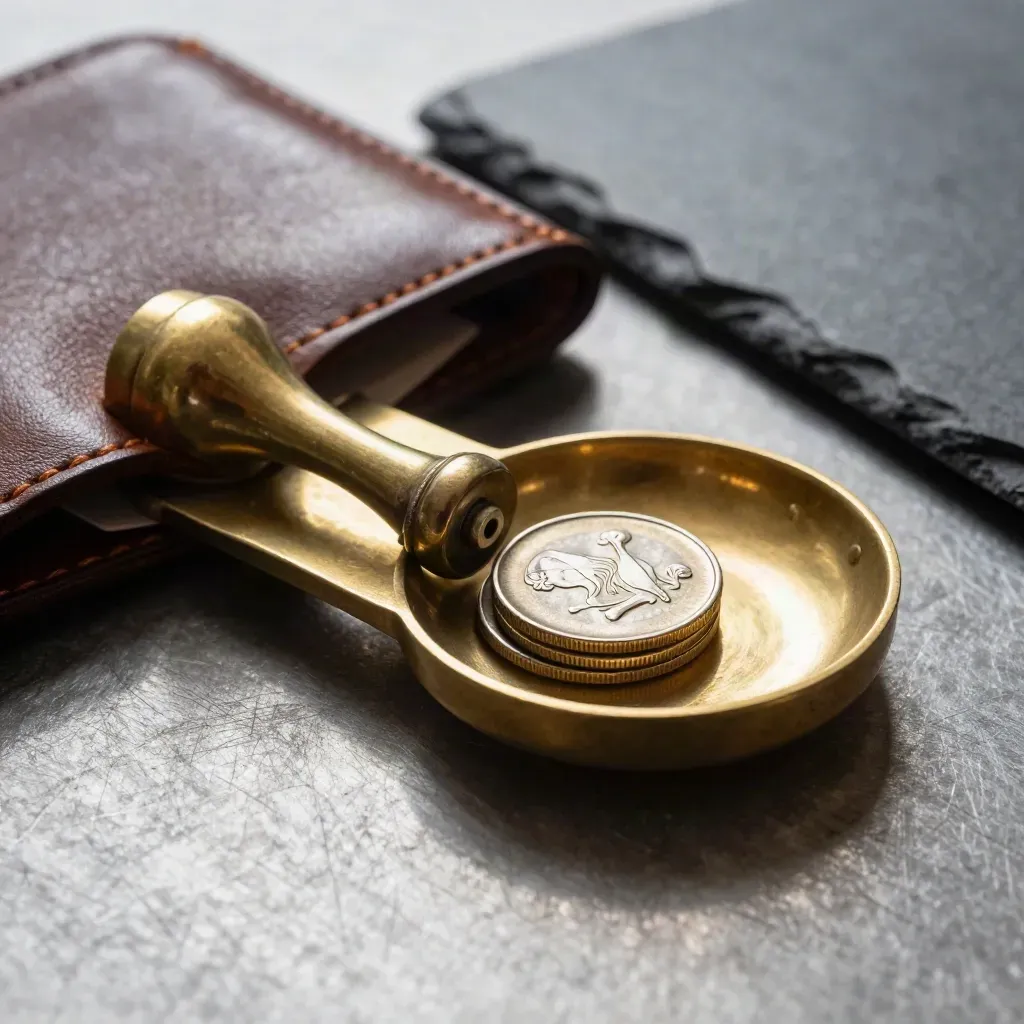 Brass ledger weight, coin tray, leather case and slate paperweight on brushed metal.