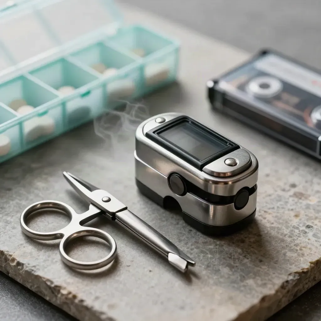 Macro still life of medical tools, pill organizer, and cassette on stone with teal accent