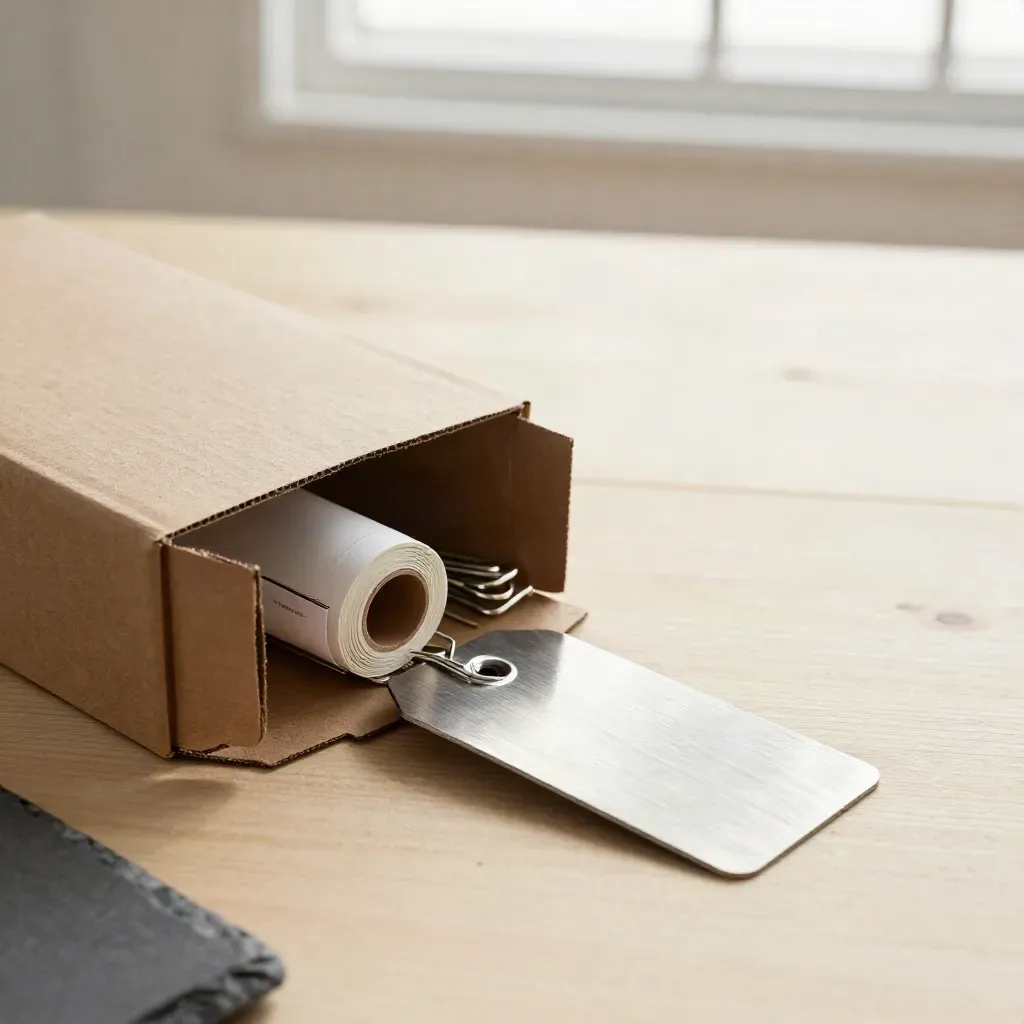 Overhead still life of retail shipping box, garment clips, receipt core and shelf tag holder on pale wood.