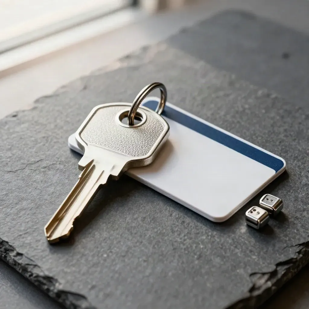 Brushed-aluminum security key, RFID card, and tiny cable caps on graphite stone.