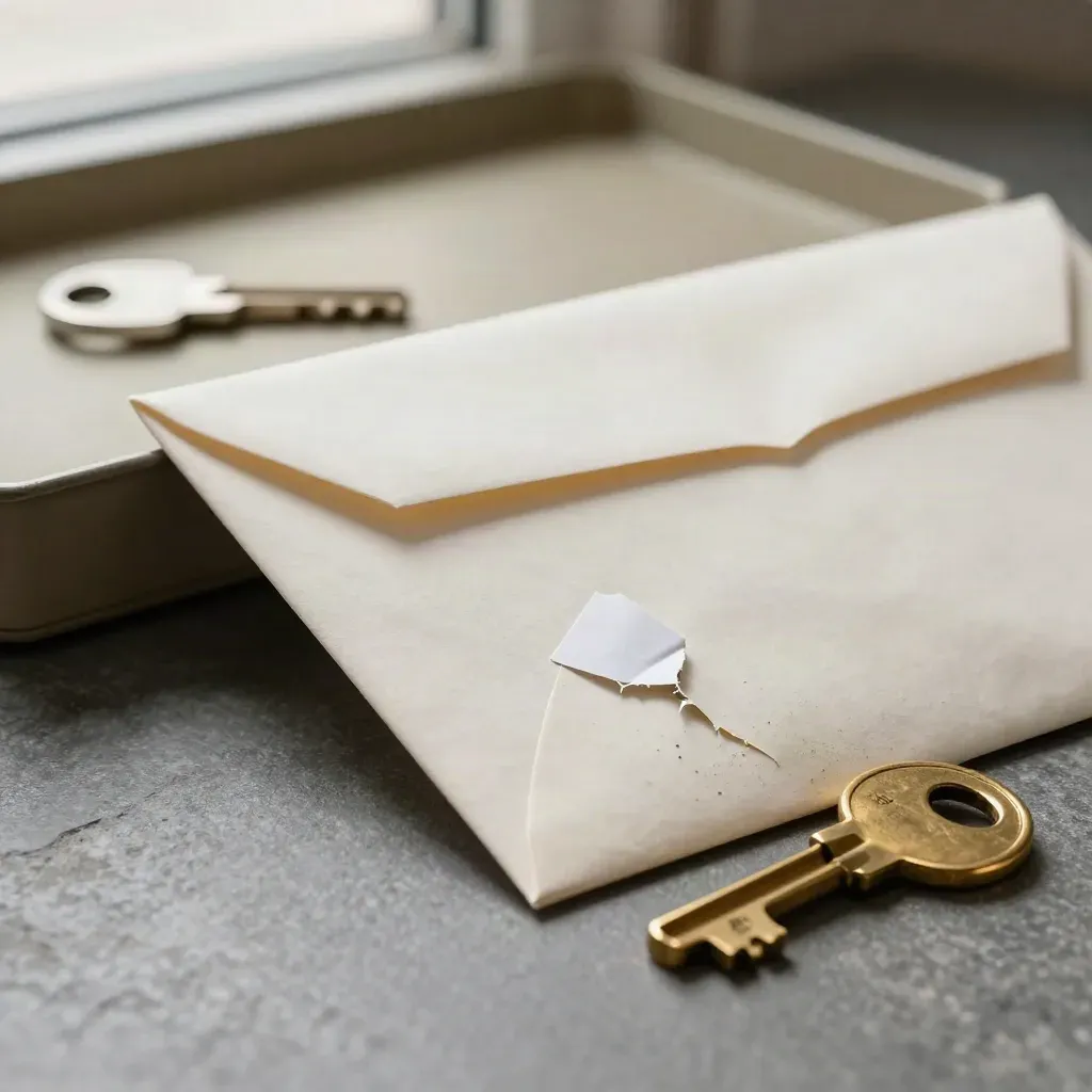 A tamper-evident envelope peels open beside a brass key blank and broken security seal on graphite stone.