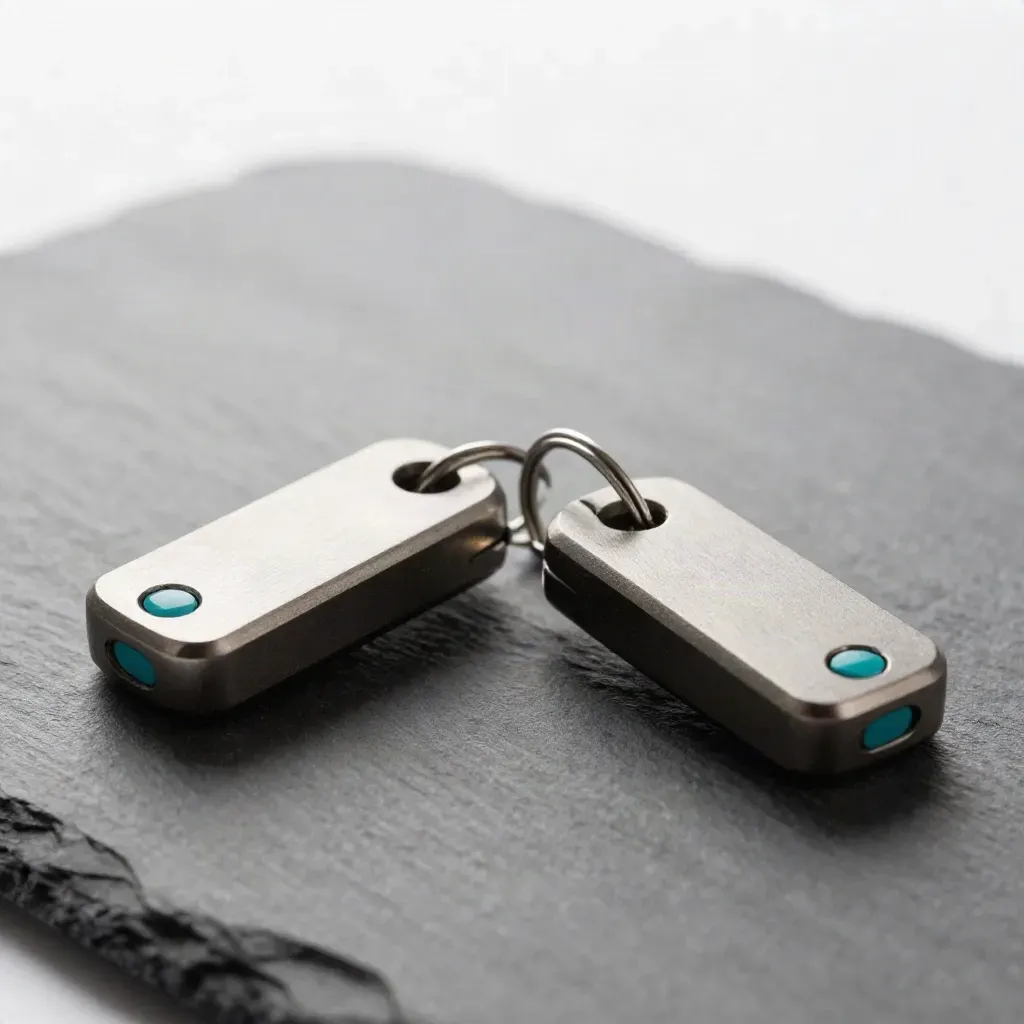 Two brushed-metal hardware tokens linked by a steel ring on slate under raking light.