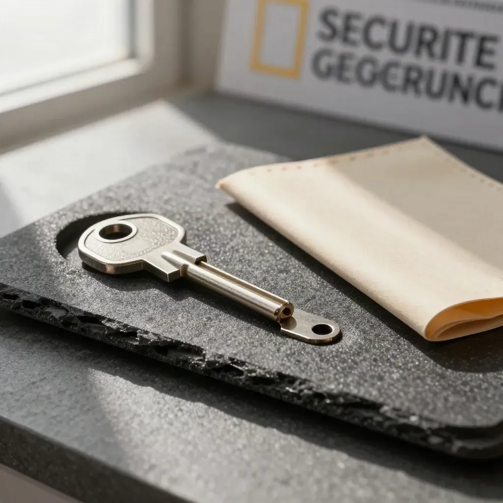 Foam-lined tray with a master key, blank duplicate and recovery sleeve, lit by a soft edge glint.