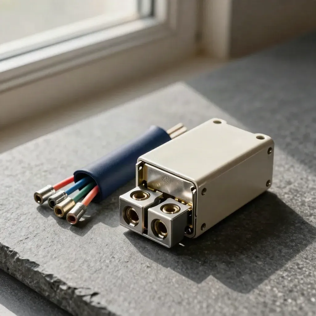 Open access-control relay block with cables and connectors on a stone surface.