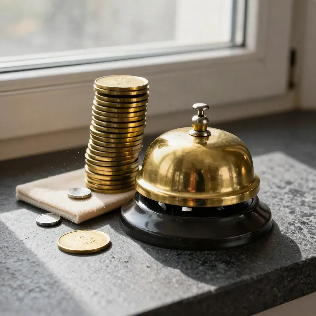 Brass token dispenser, bell base, and metal tabs with one token dropping into the tray.
