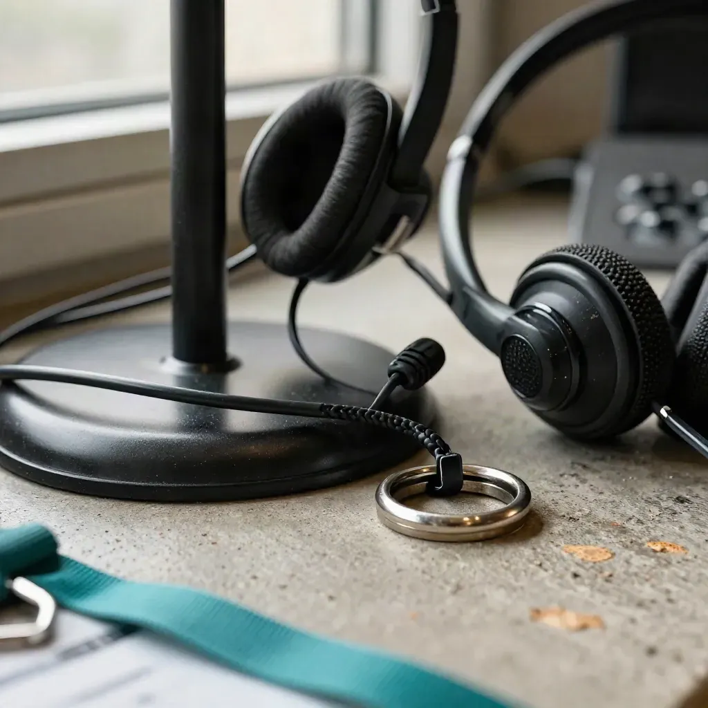 Macro of headset stand, braided cable, token ring and mic base with blurred teal lanyard